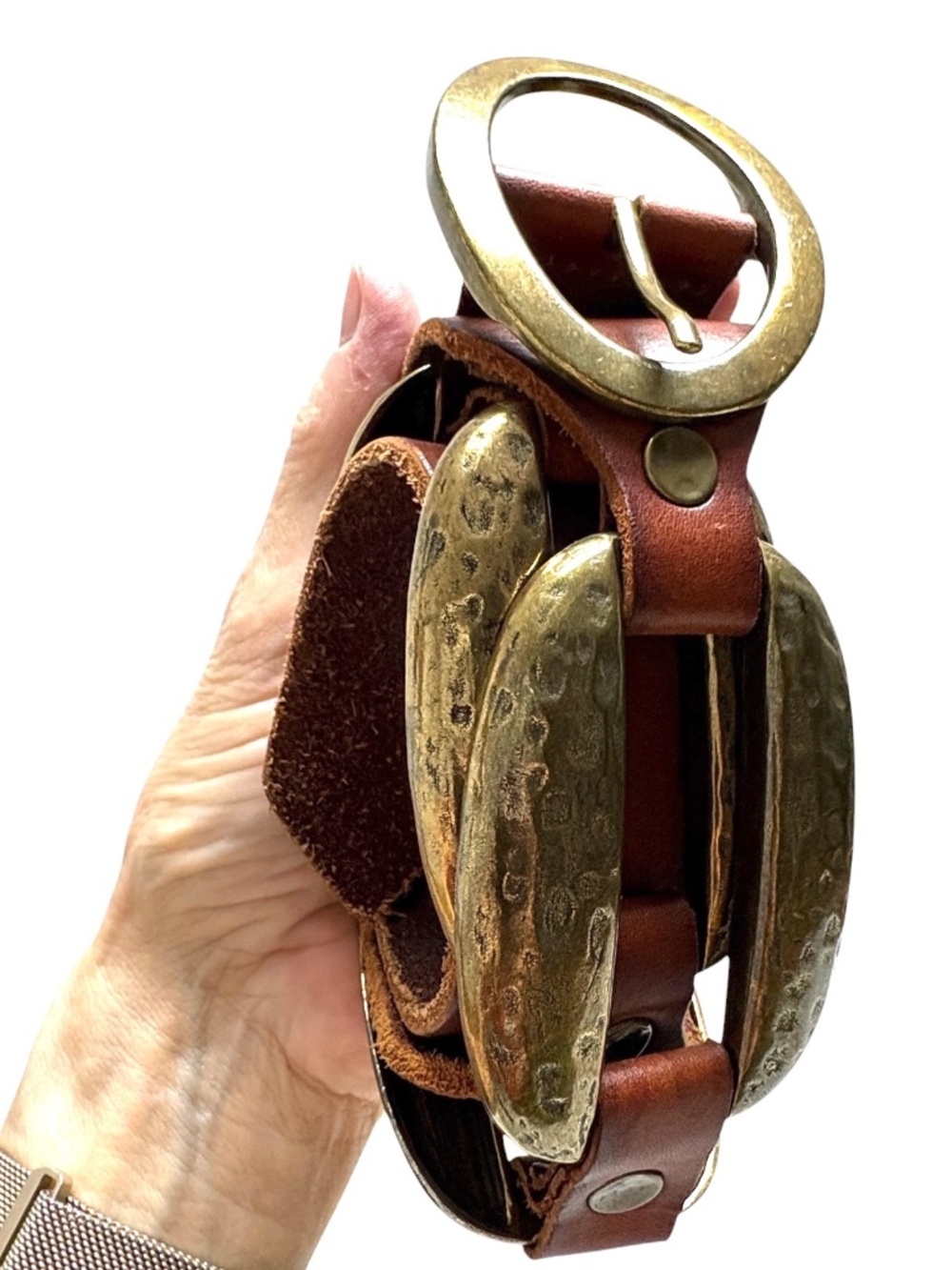 vintage belt hammered gold-tone metal brown leather size S / M 2" wide waist